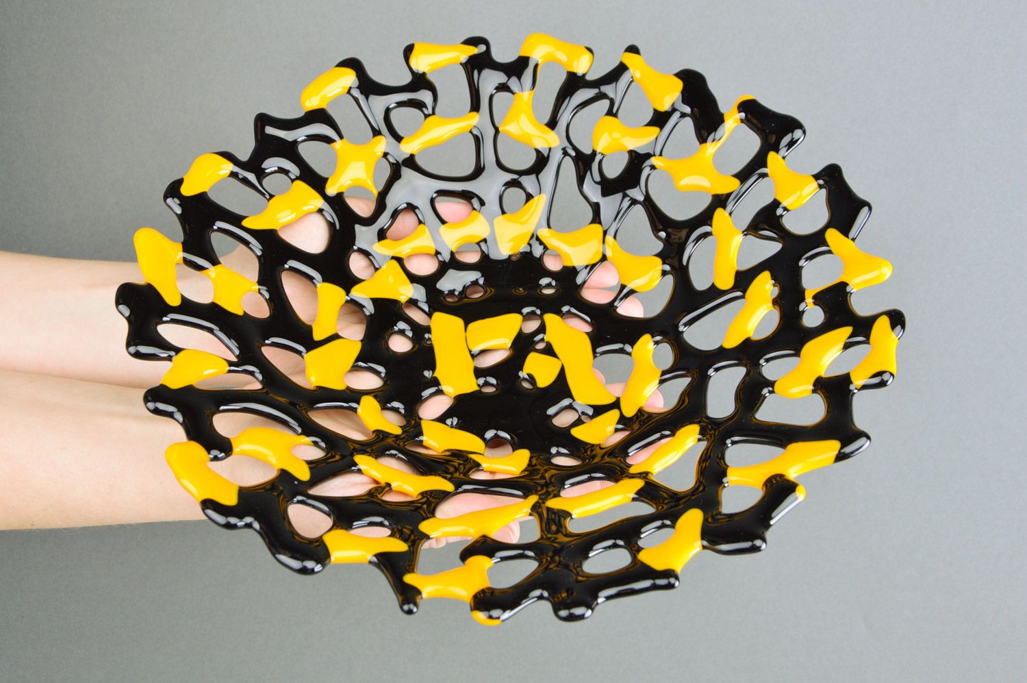 Large decorative handmade fused glass fruit bowl of yellow and black colors  photo 3