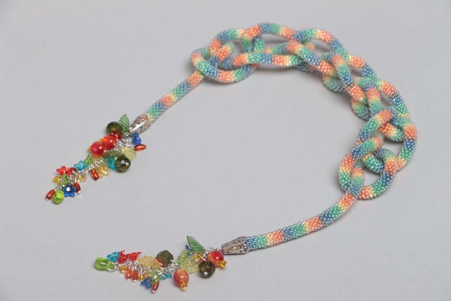 Handmade designer bead woven cord necklace with tender rainbow coloring   photo 2