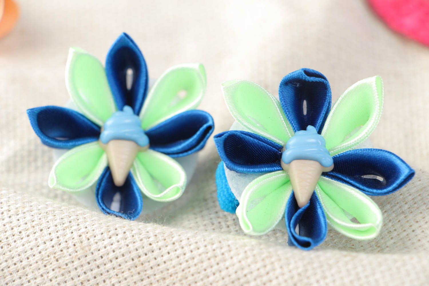 Set of 2 handmade hair ties with ribbon kanzashi flowers in blue color palettes photo 1