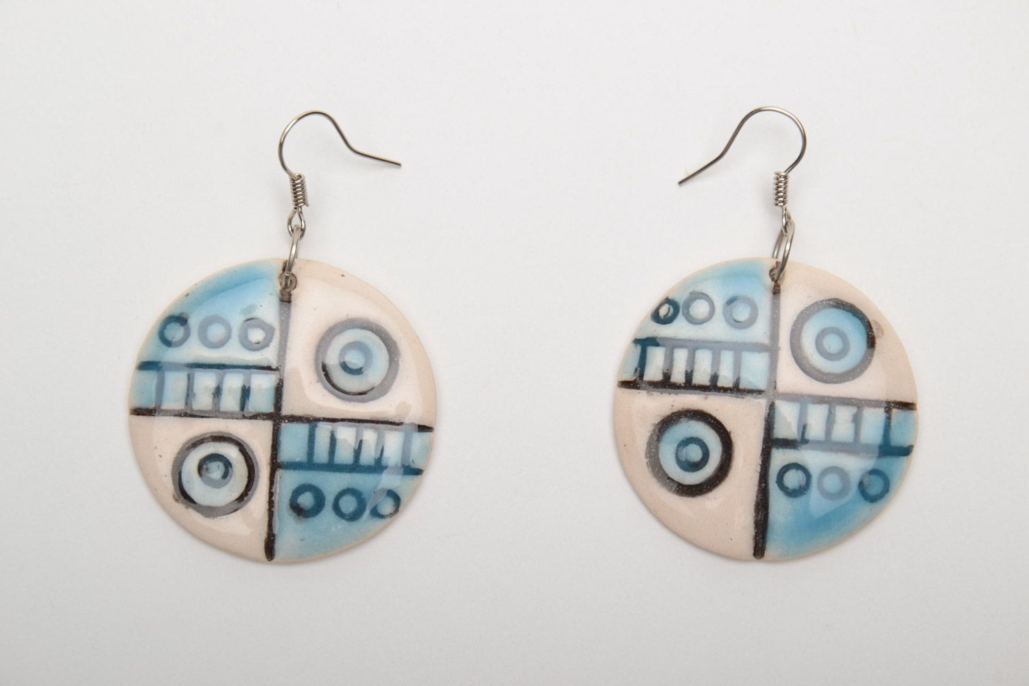 Beige and blue handmade large clay round earrings with charms photo 5