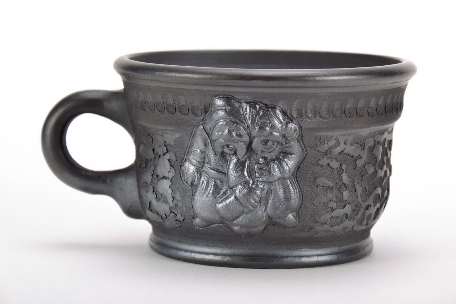 4 oz smoked clay black coffee cup with handle and Ukrainian cozak pattern photo 1