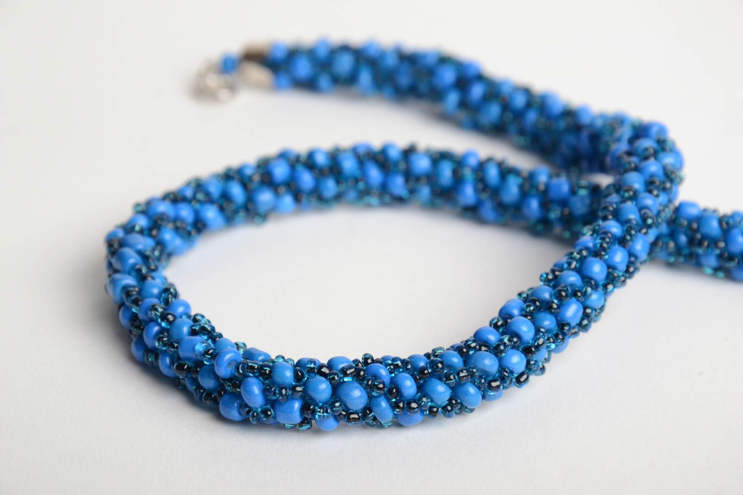 Handmade thin long blue necklace crocheted of beads of laconic design for women photo 5