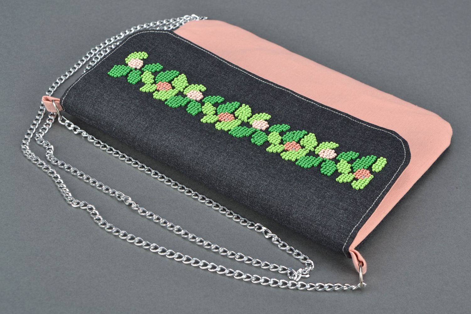 Handmade fabric clutch bag with beadwork photo 3