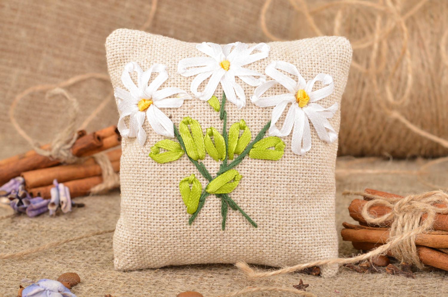 Beautiful handmade linen fabric interior pillow with satin ribbon embroidery photo 1
