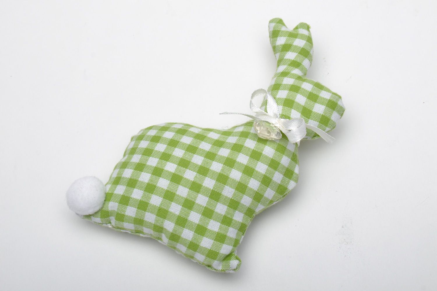 Handmade interior soft toy sewn of checkered green fabric in the shape of rabbit  photo 3
