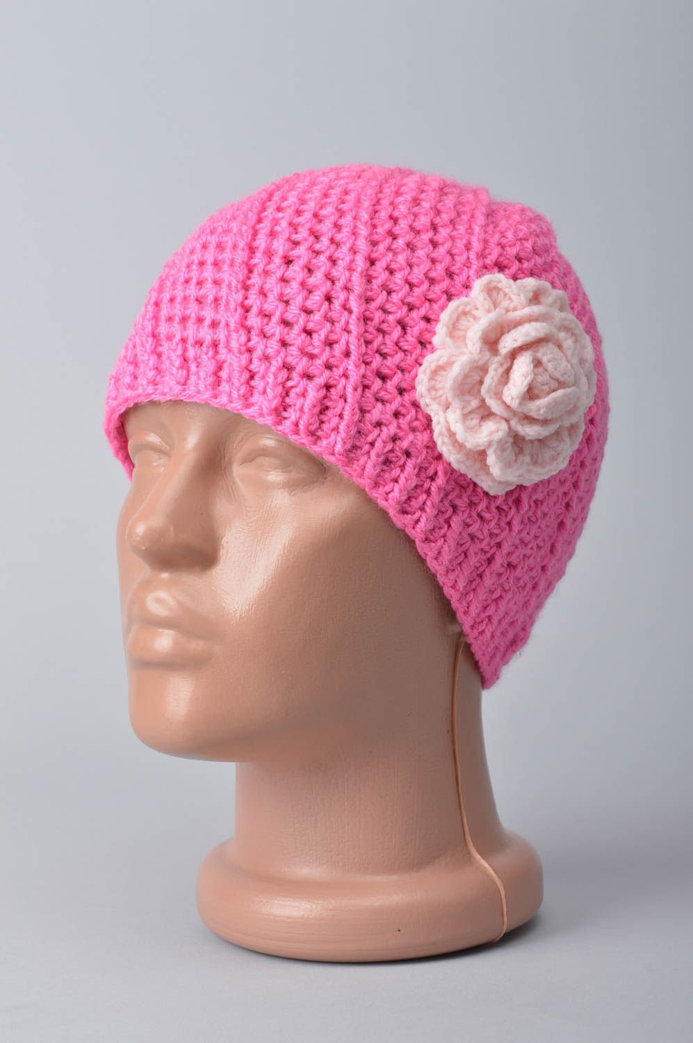 Bonnet rose avec fleur Chapeau enfant fait main en coton au crochet Cadeau fille photo 1
