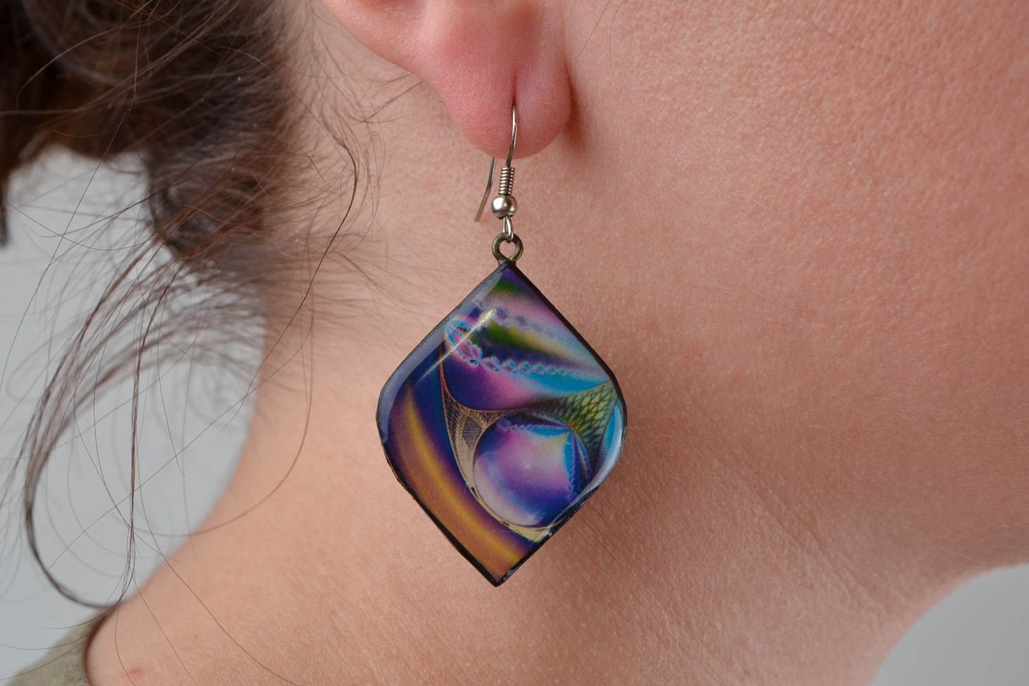 Handmade polymer clay decoupage dangling earrings in violet color palette Time photo 2