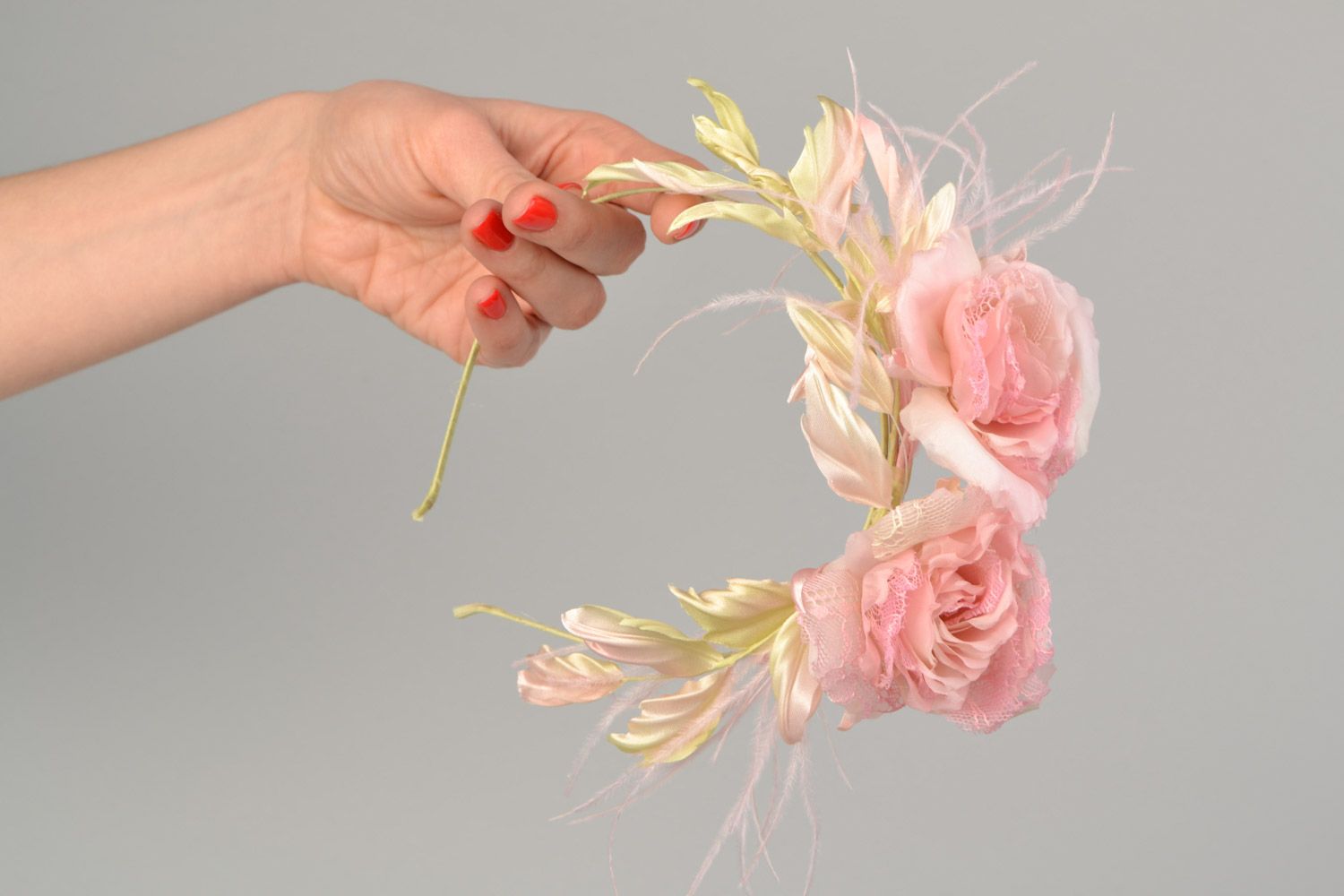 Handmade thin pink headband with volume flowers created of Japanese silk photo 2