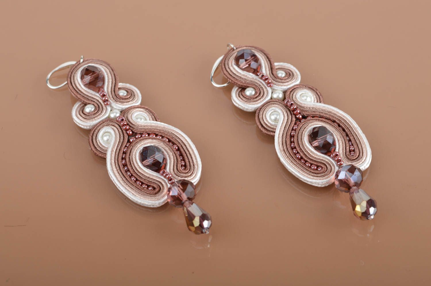 Beautiful handmade long soutache earrings with beads and crystals photo 2