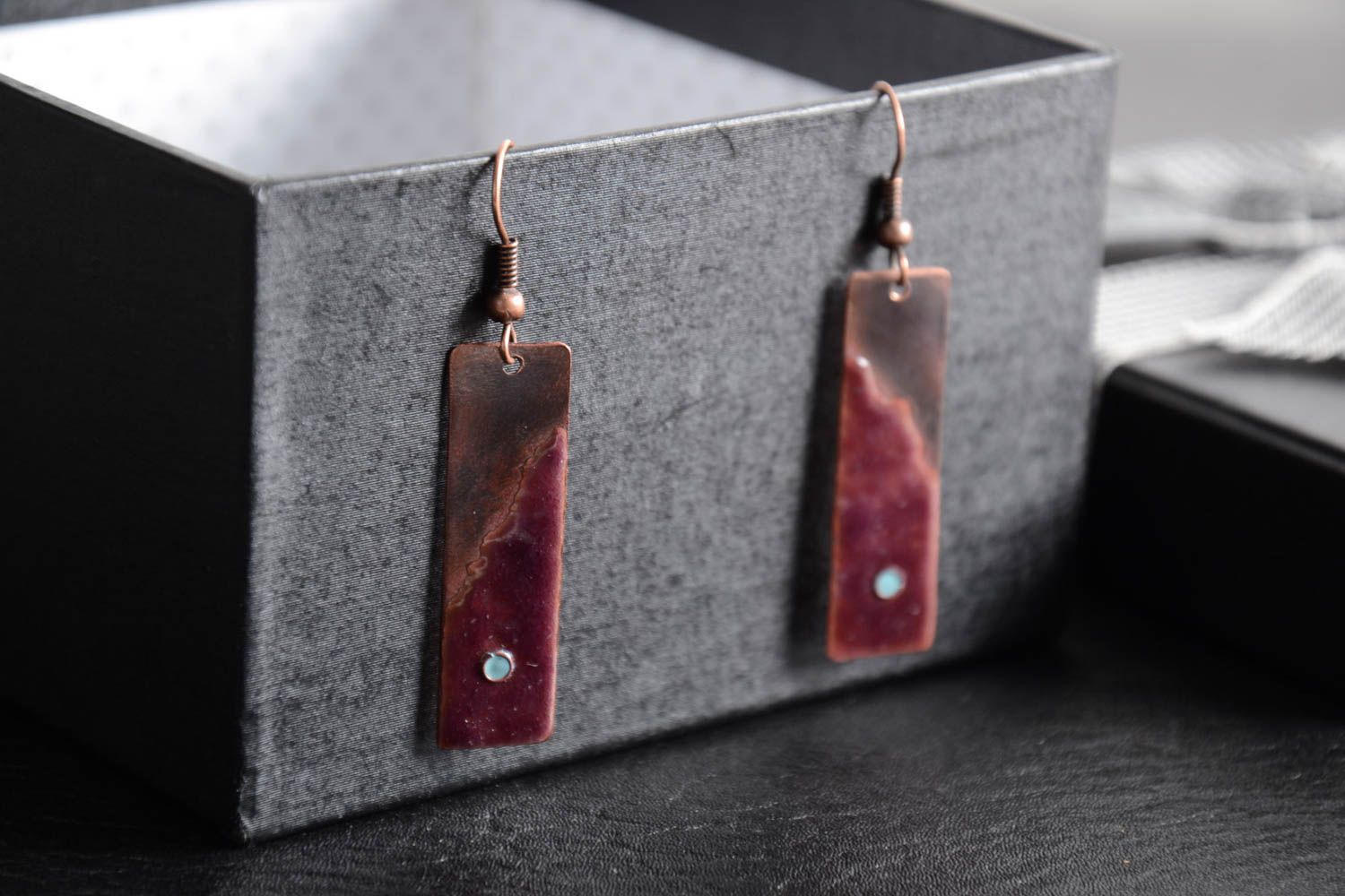Handmade long copper earrings with hot enamel painting stylish accessory photo 1