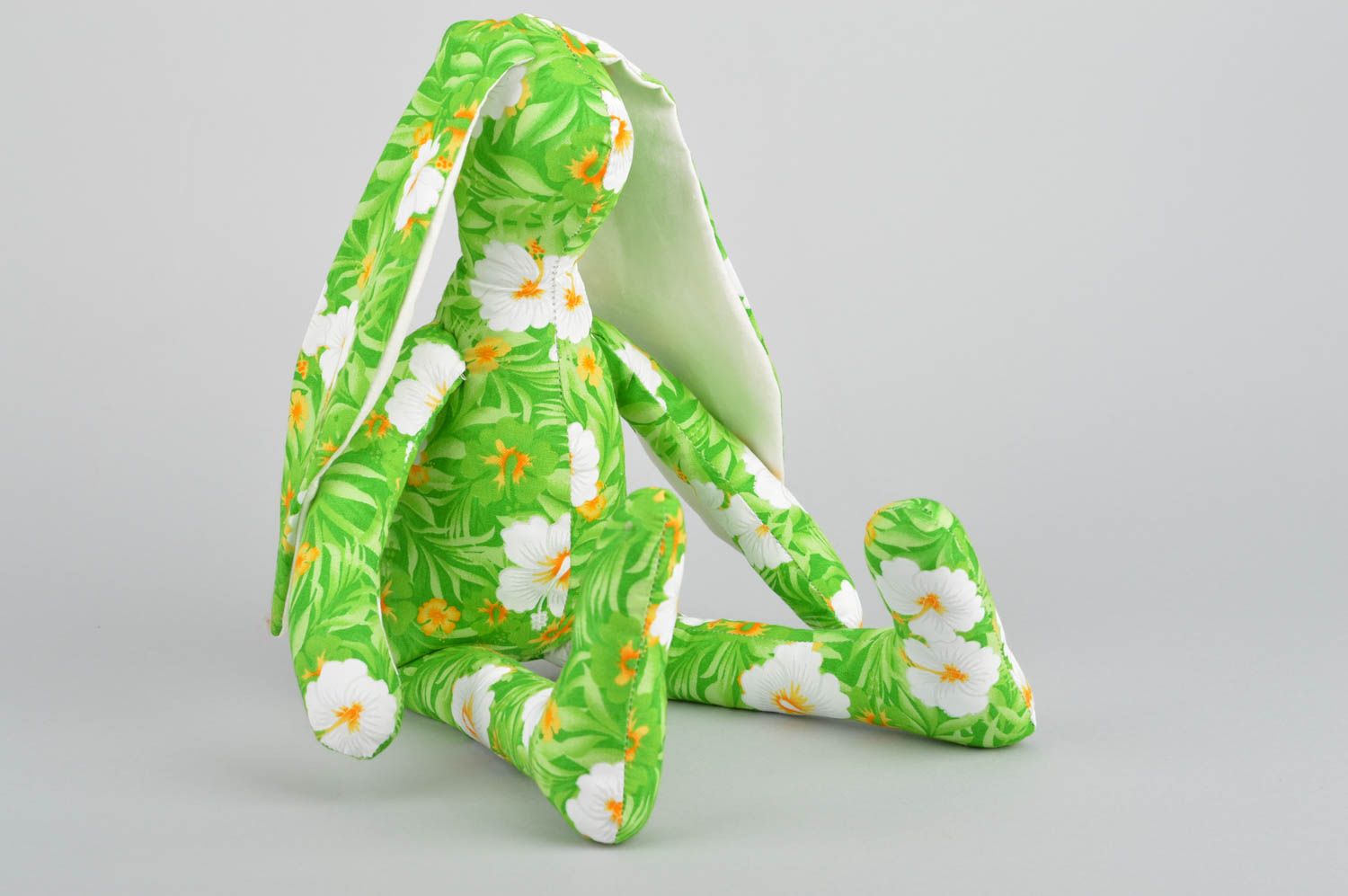 Unusual bright handmade children's fabric soft toy in the shape of hare photo 2