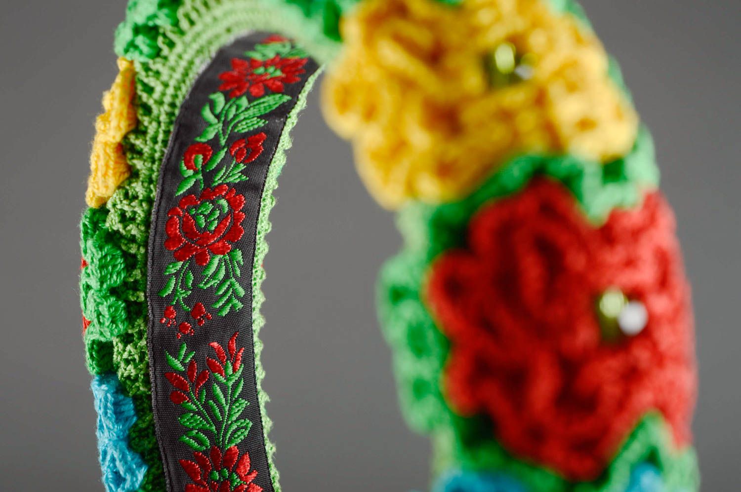 Colorful headband with crochet flowers and beads photo 2
