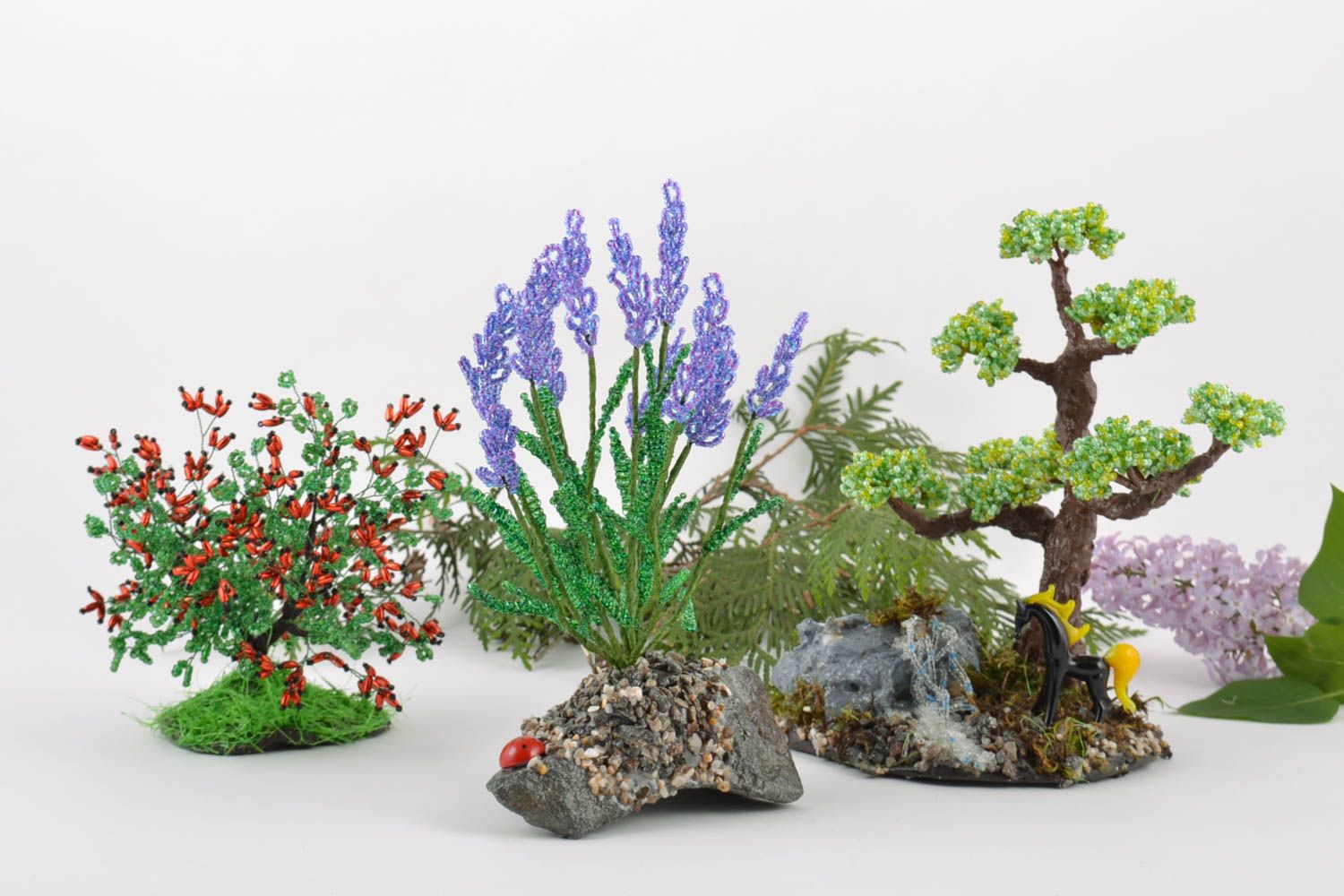 Set of handmade beaded wire bonsai tree bush and flowers for home decor 3 items photo 1