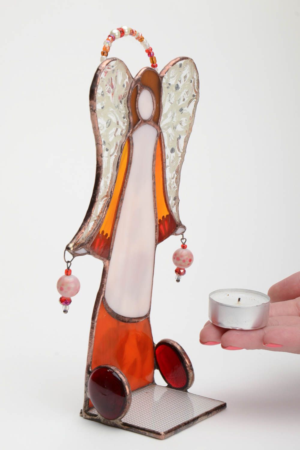Grand bougeoir en verre figurine ange multicolore fait main technique vitrail photo 5