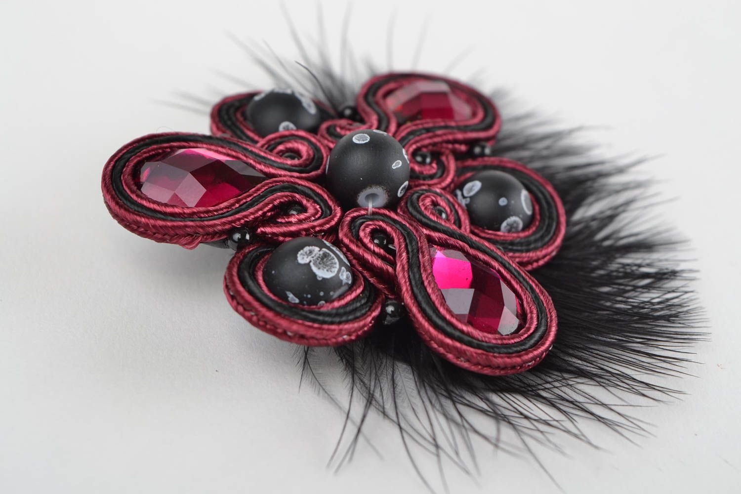 Handmade dark soutache brooch with feathers glass beads and leather basis photo 4