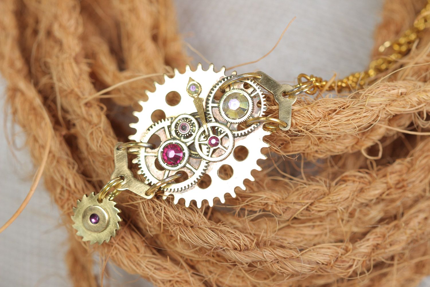 Handmade steampunk round metal pendant with clock details stones and rhinestones photo 1