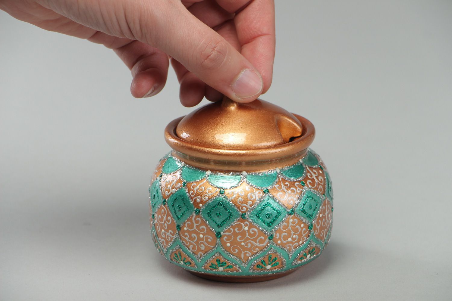 Azucarera cerámica hecha a mano pintada con tapa 250 ml foto 4