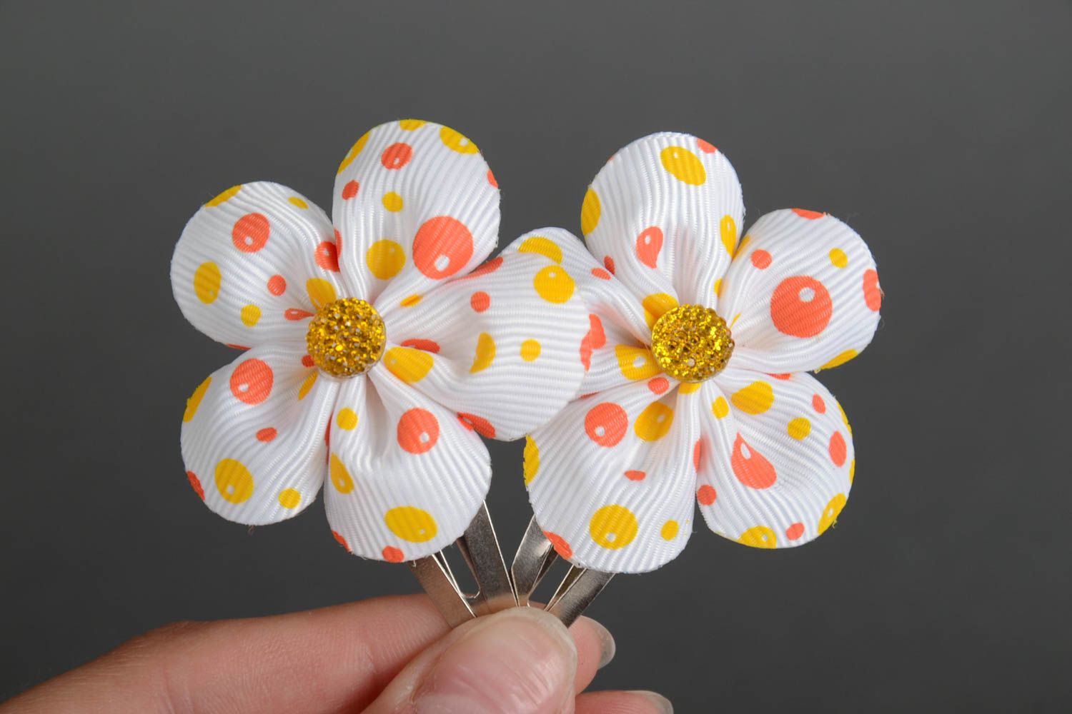 Beautiful handmade designer satin flower hair clips 2 pieces polka dot photo 5