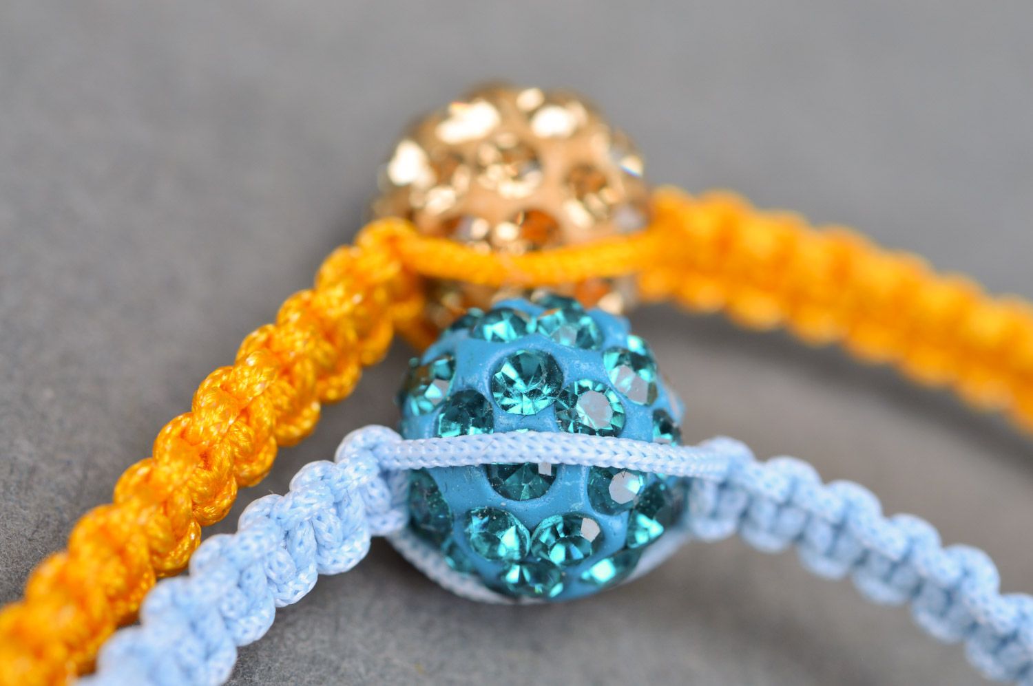 Set of 2 handmade friendship wrist bracelets of yellow and blue colors with beads photo 4