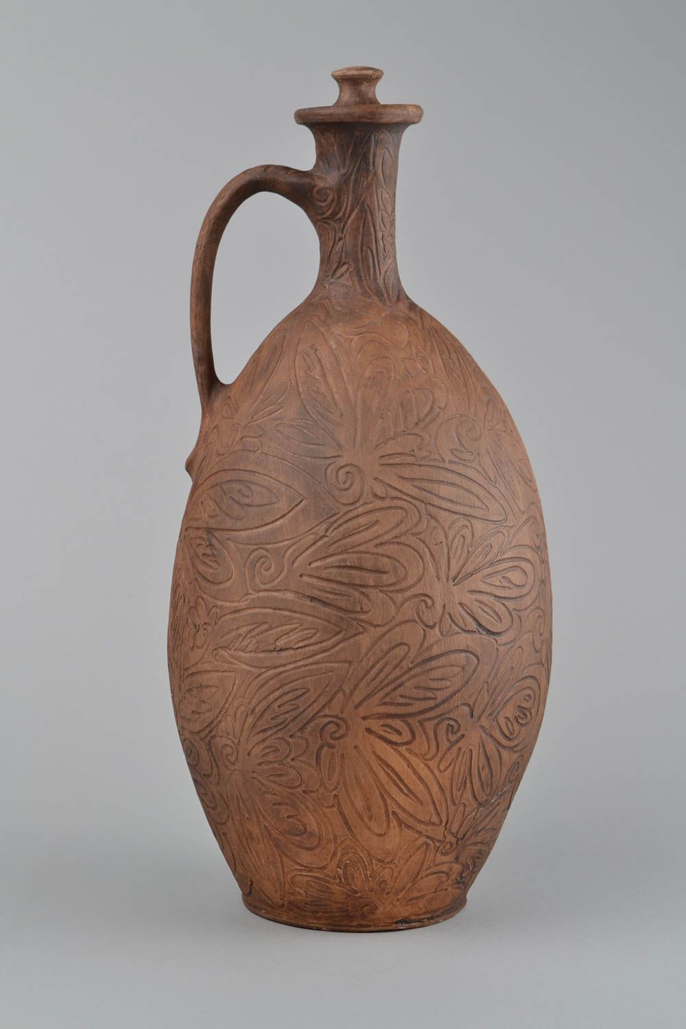 Botella de arcilla grande artesanal marrón con ornamentos original 8 l foto 5