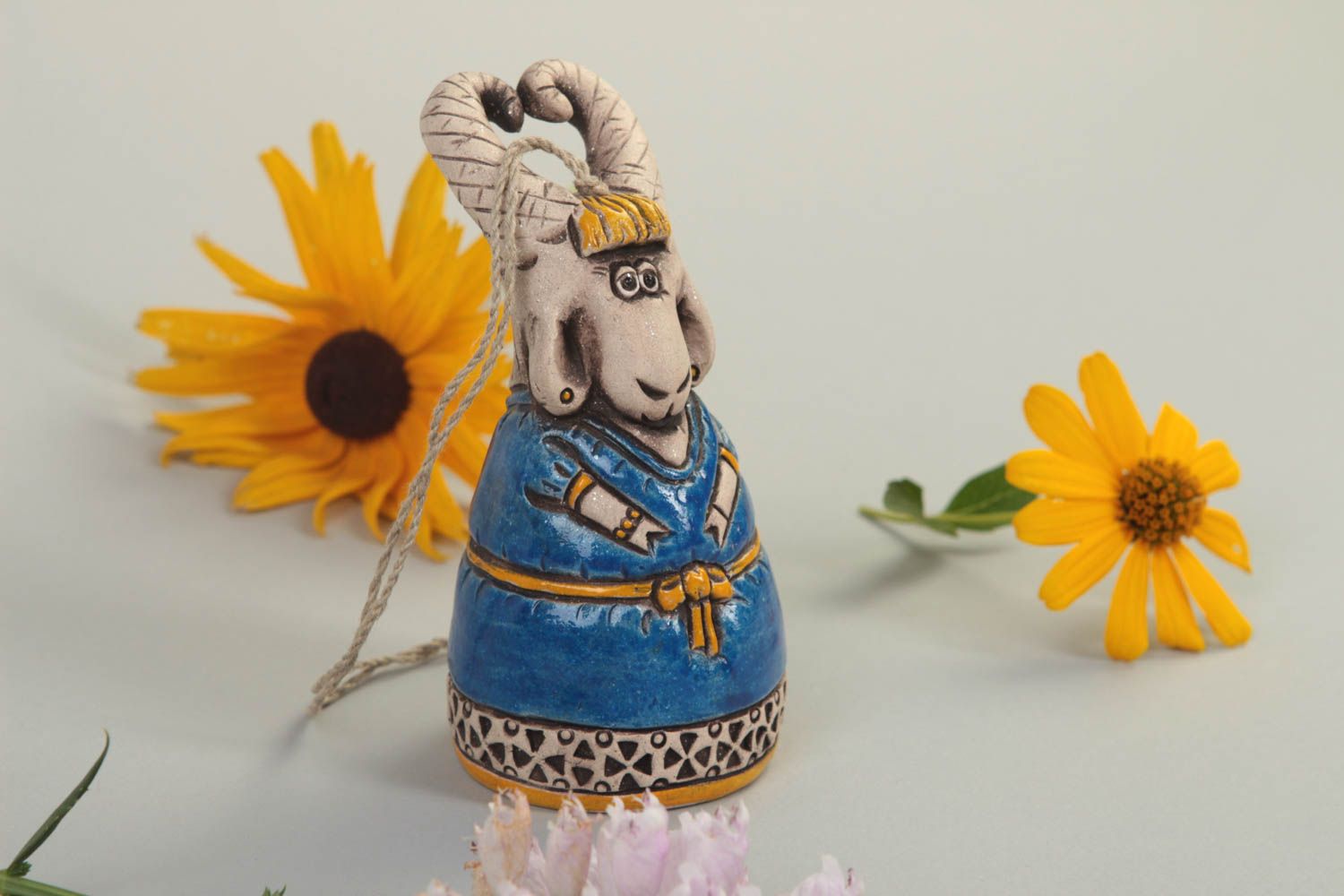 Unusual handmade ceramic figurine clay bell miniature animals sculpture art photo 1