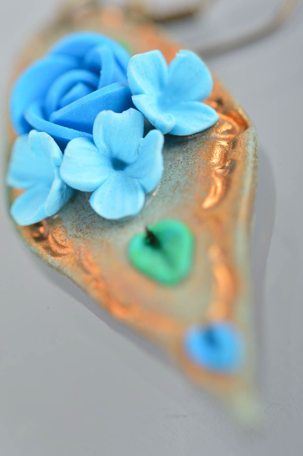 Long earrings with charms made of polymer clay for women blue roses  photo 4