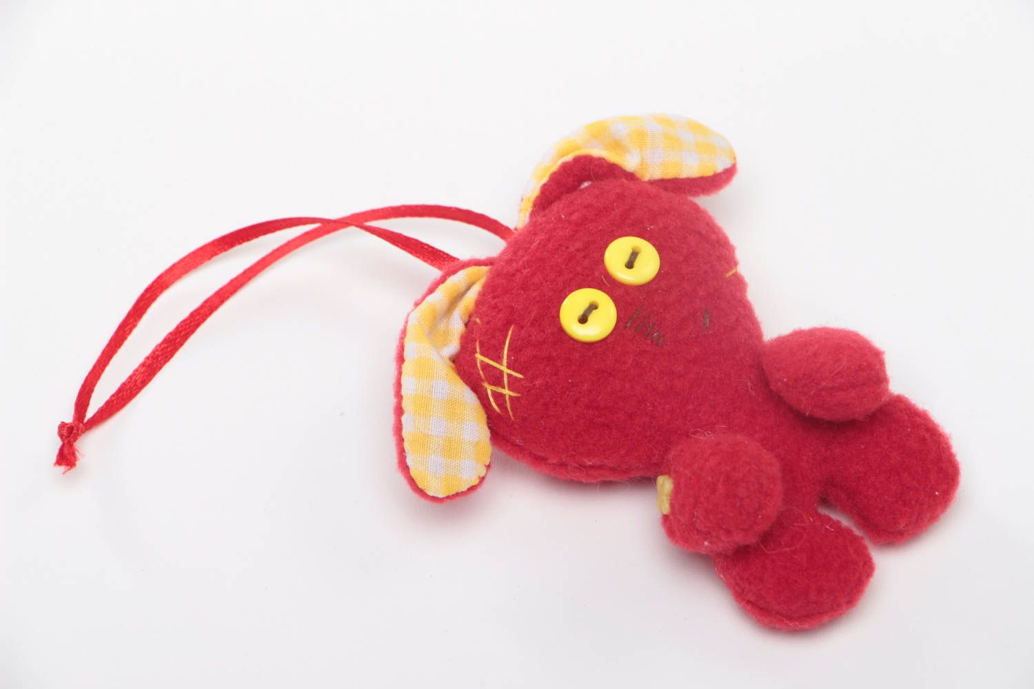 Handmade tiny soft toy red rabbit sewn of fleece with eyelet for interior  photo 2