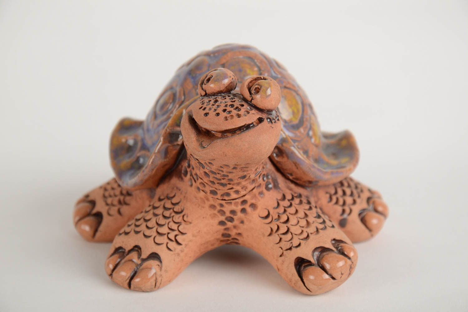 Small handmade clay figurine of turtle with enamel and glaze made for decoration photo 2