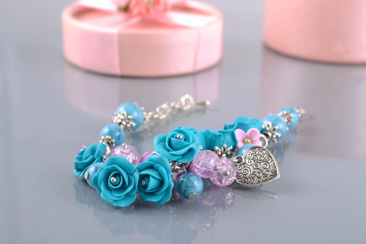 Bracelet fait main de pâte polymère avec fleurs bleues bijou pour femme photo 1