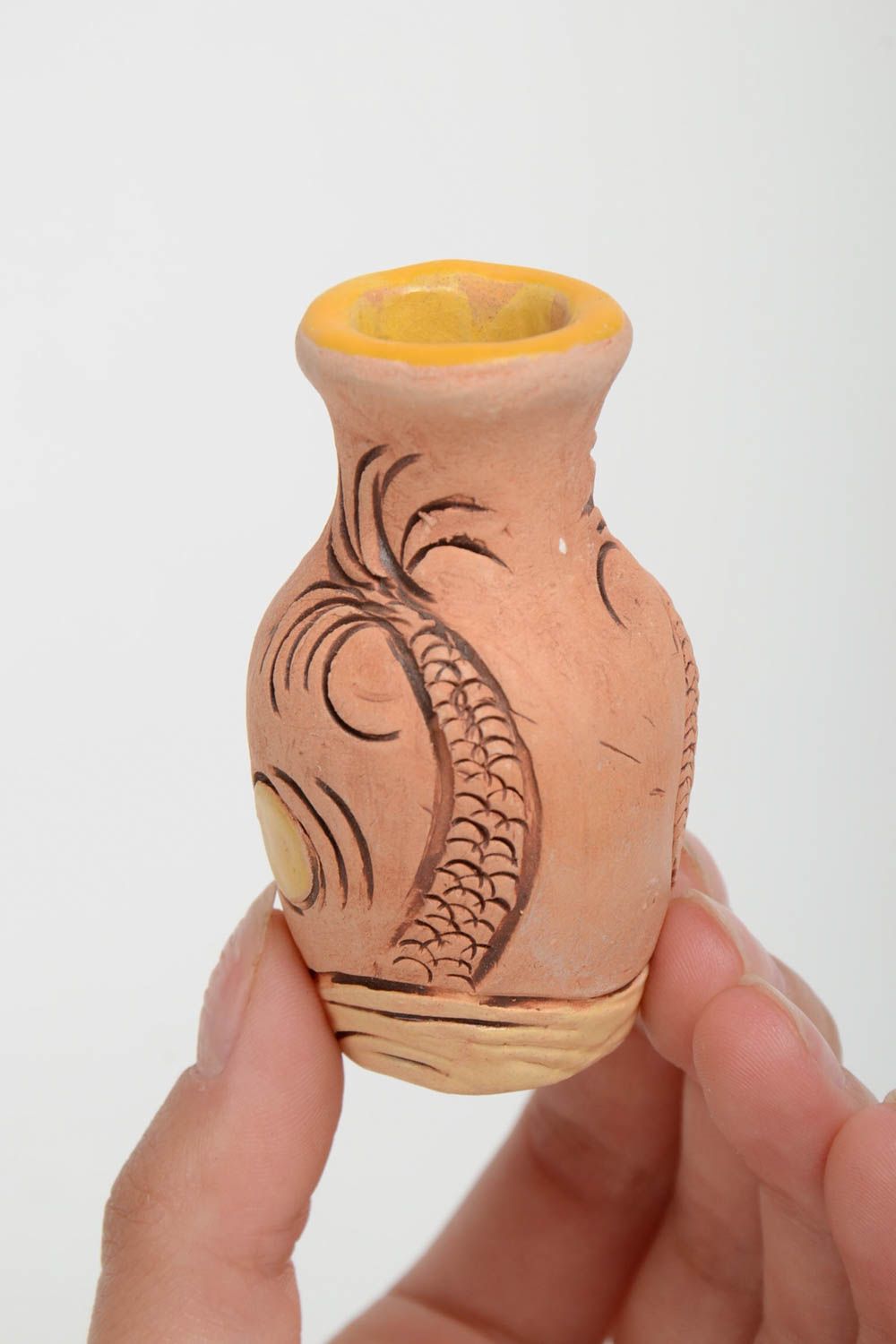 Jarro decorativo artesanal de cerámica pintado con pigmentos pequeño adorno  foto 4