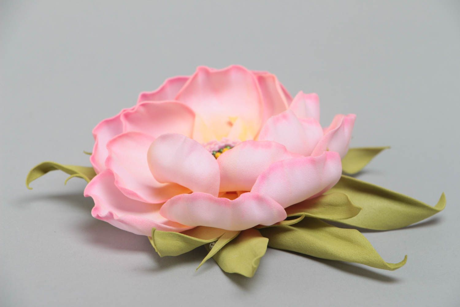 Handmade designer hair clip brooch with pink volume foamiran flower and leaves photo 3