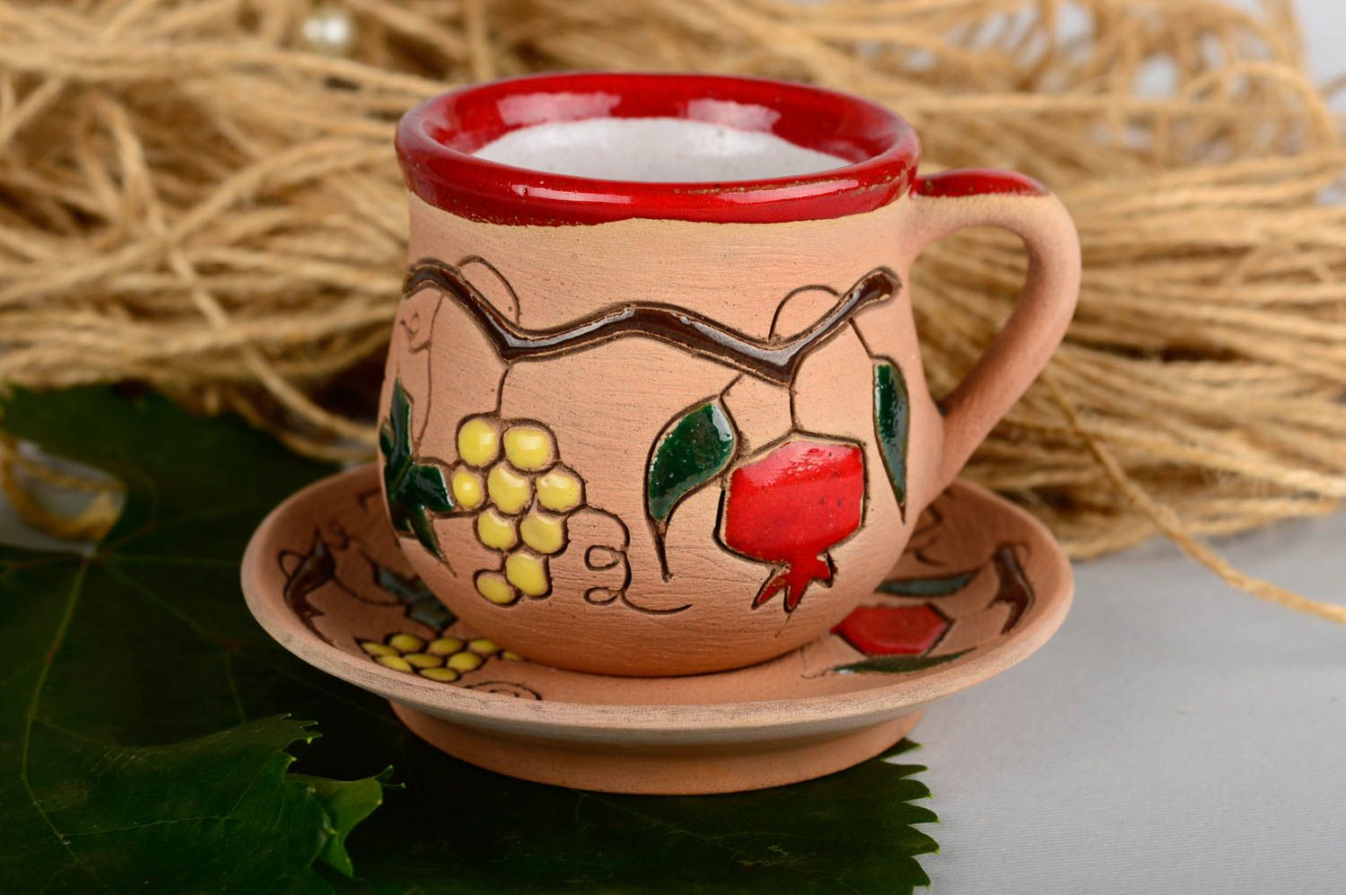 Handmade Tasse mit Untertasse Keramik Geschirr Schöne Kaffeetasse Granatapfel foto 5
