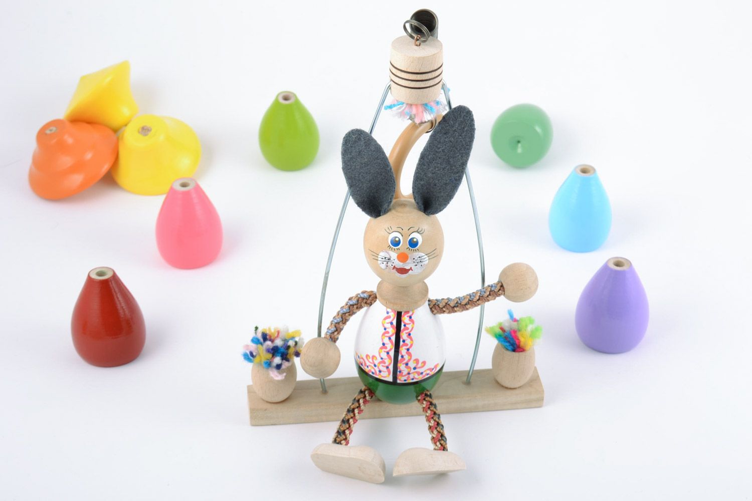 Painted eco friendly interior wall hanging toy rabbit hand made of wood photo 1
