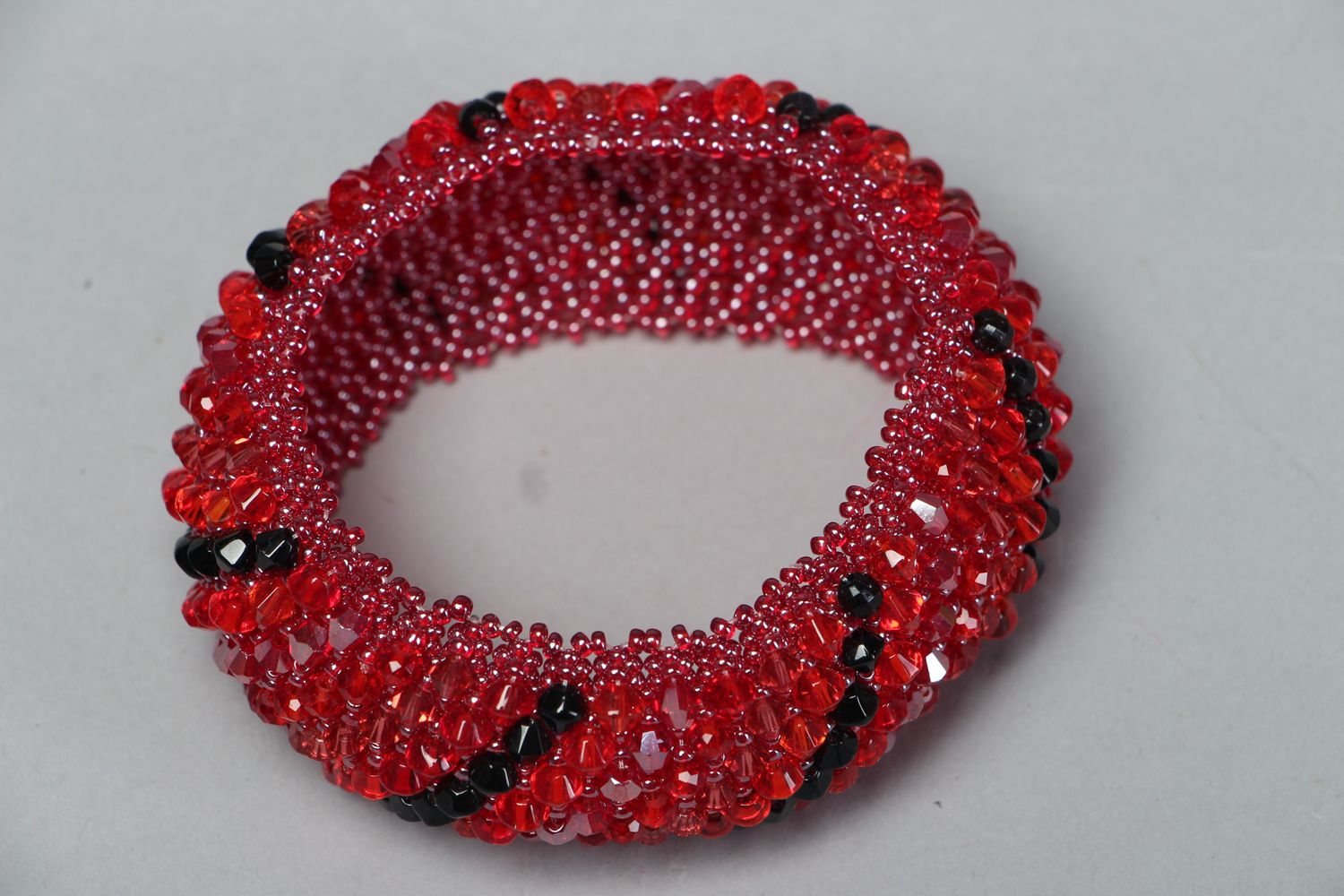 Red handmade beaded bangle bracelet with crystal beads for girls photo 2