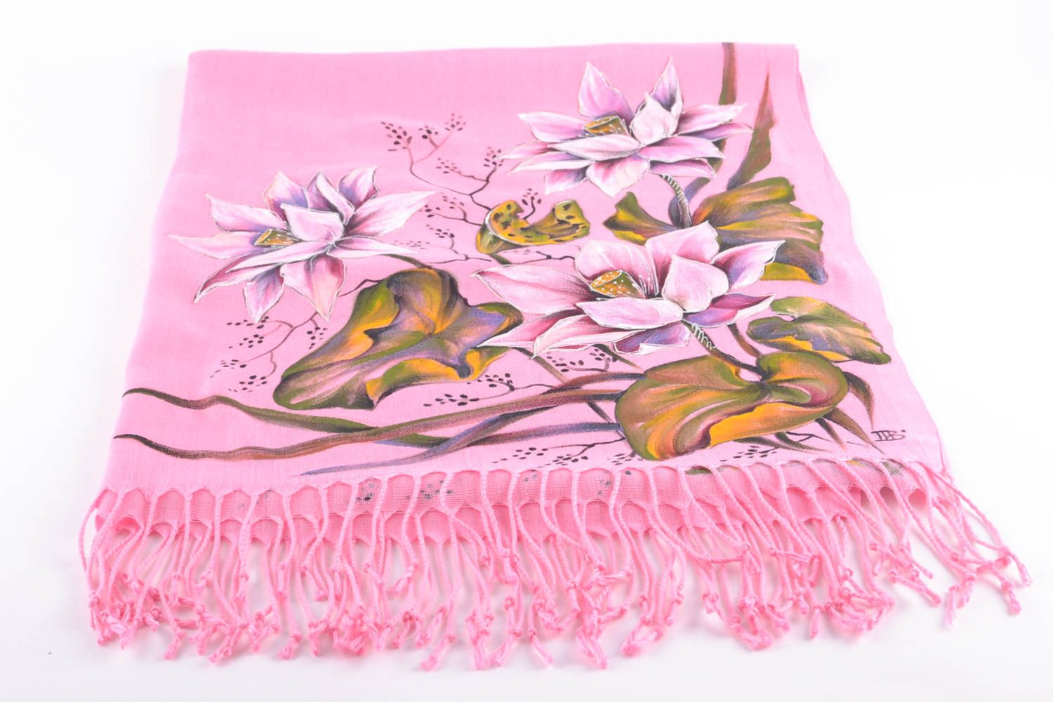 Pink cashmere scarf with acrylic painting Lilies photo 2
