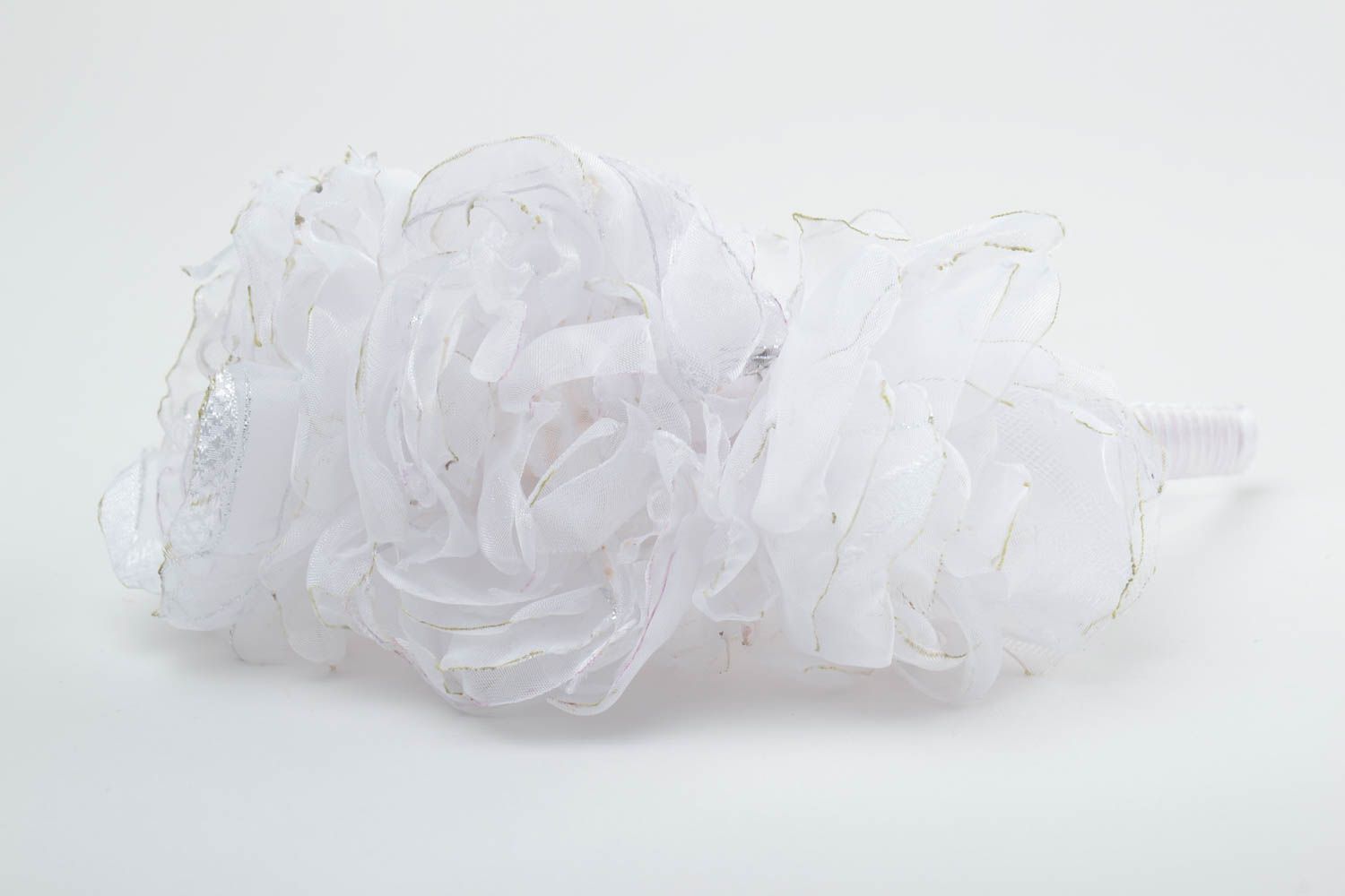 Tender white handmade festive headband with volume chiffon flowers and beads photo 3