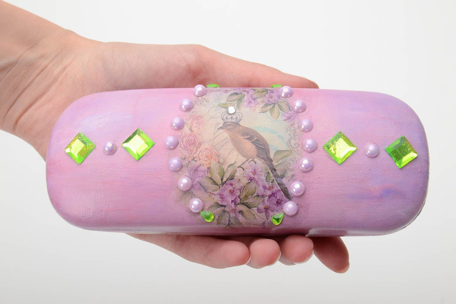 Beautiful handmade pink decoupage plastic eyeglass case with beads and crystals photo 5