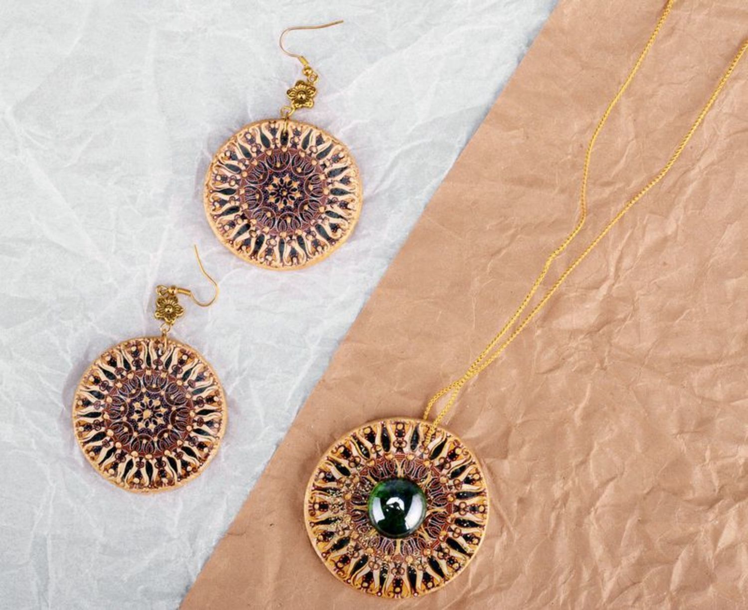 Set of ceramic jewelry: earrings and pendant Mandala of stability, strength and self-confidence  photo 2