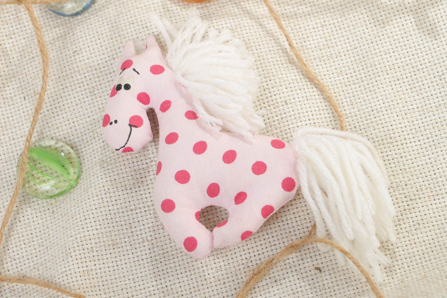 Handmade soft toy fridge magnet sewn of polka dot white cotton fabric Horse photo 1