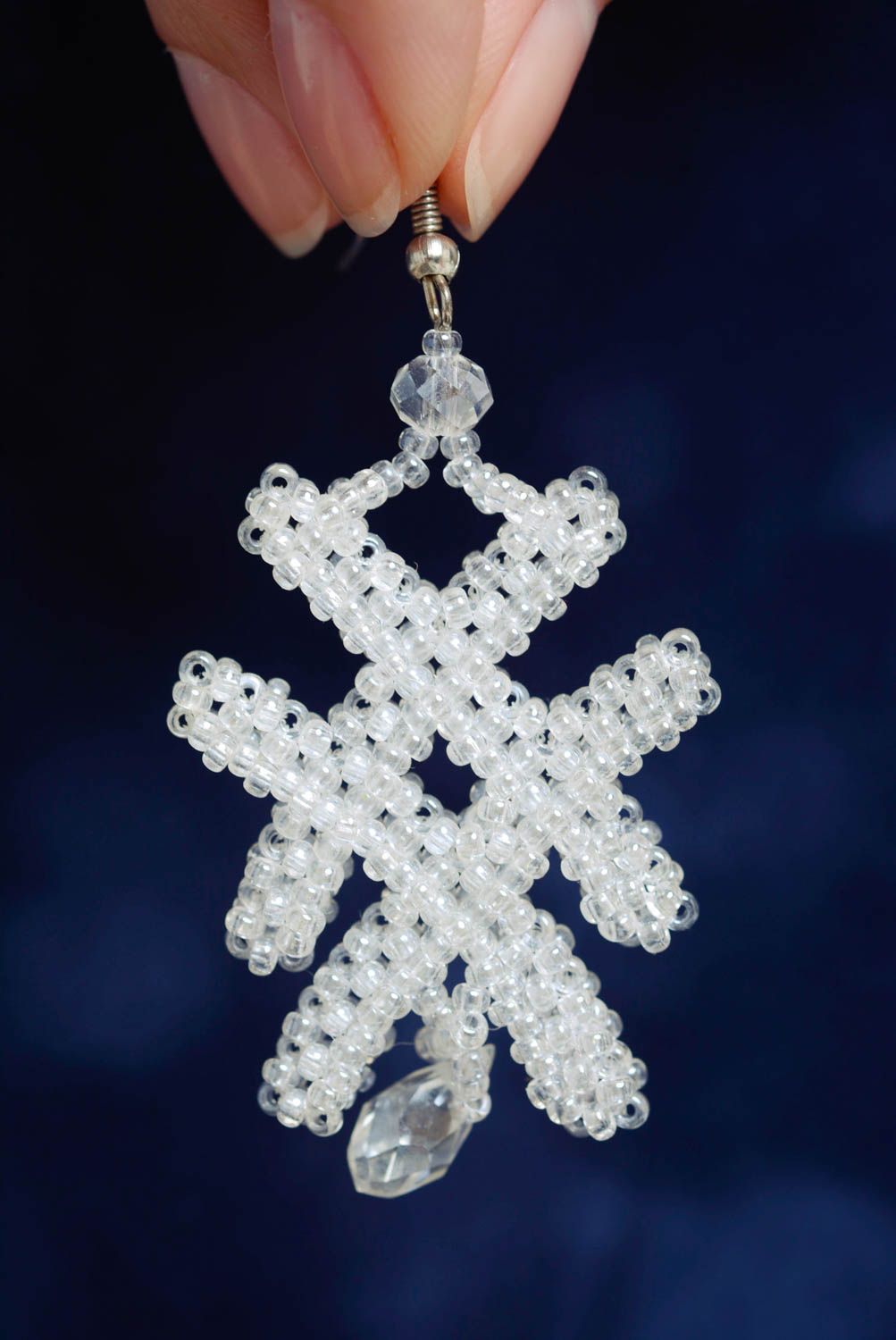 Handmade festive designer light white beaded dangling earrings Snow Queen  photo 3