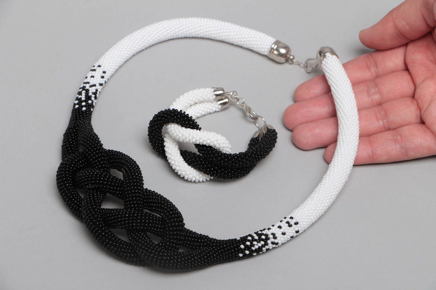 Beaded jewelry necklace and bracelet in shape of cords black and white beautiful photo 5