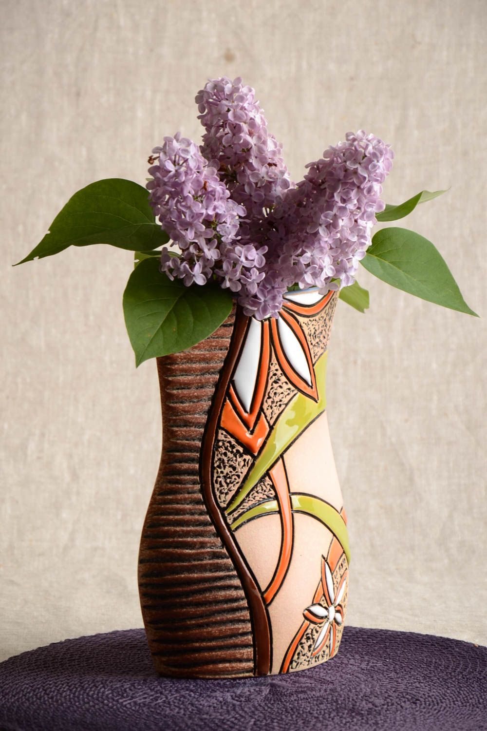 10 inches handmade ceramic flower vase with floral design 2,9 lb photo 1