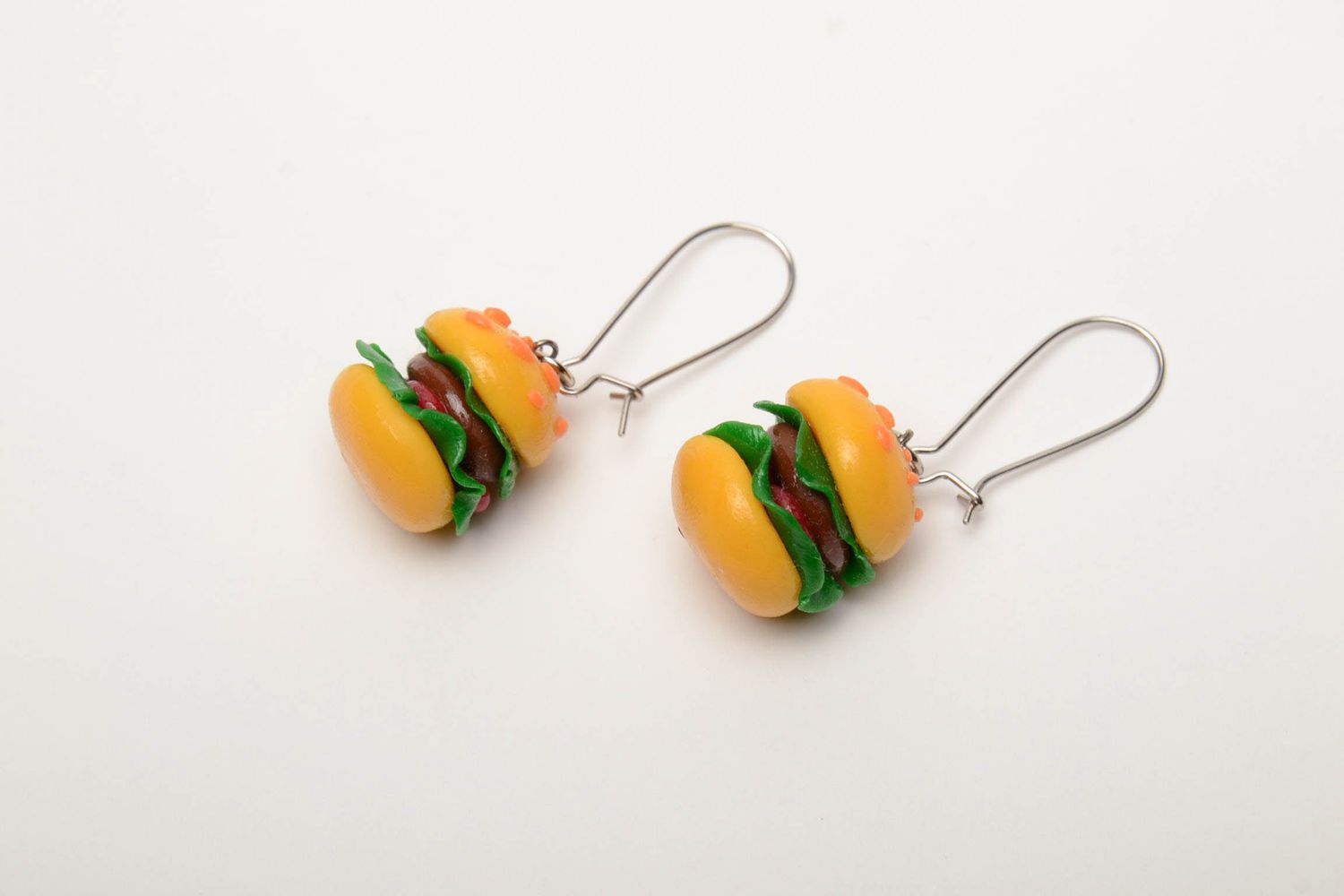 Polymer clay dangle earrings in the shape of hamburgers photo 2