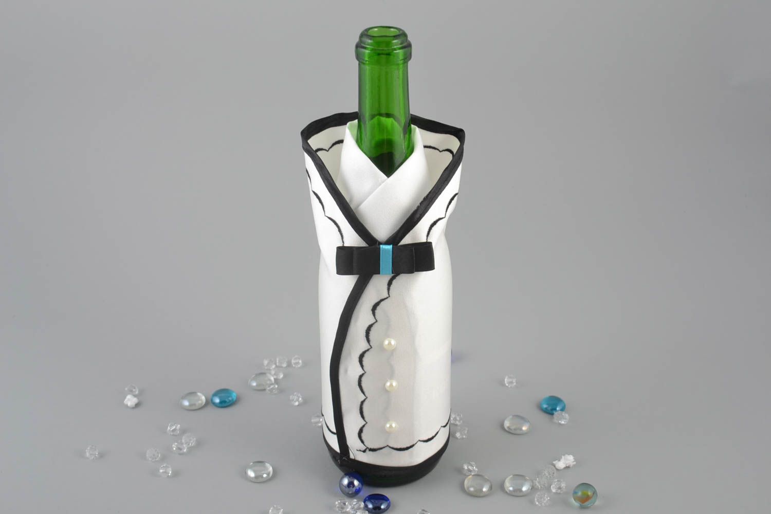White and black beautiful handmade designer textile champagne bottle cover Groom photo 1