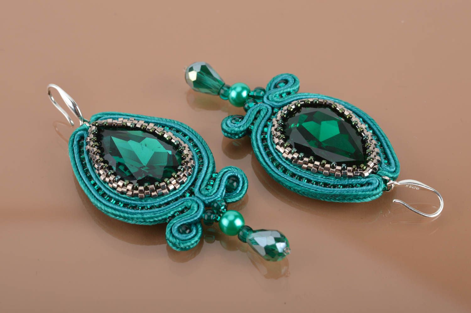 Emerald massive long earrings created manualy using soutache technique  photo 5