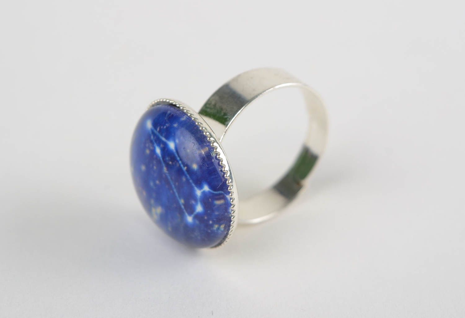 Handmade round shaped metallic blue ring with glass Leo summer accessory photo 4