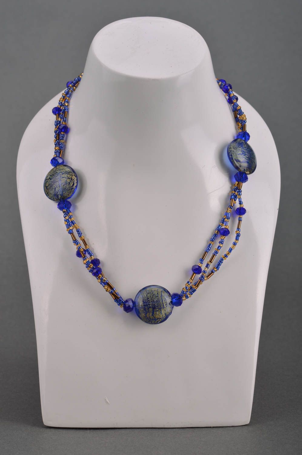 Handmade designer women's necklace with beads blue and golden festive stylish photo 3