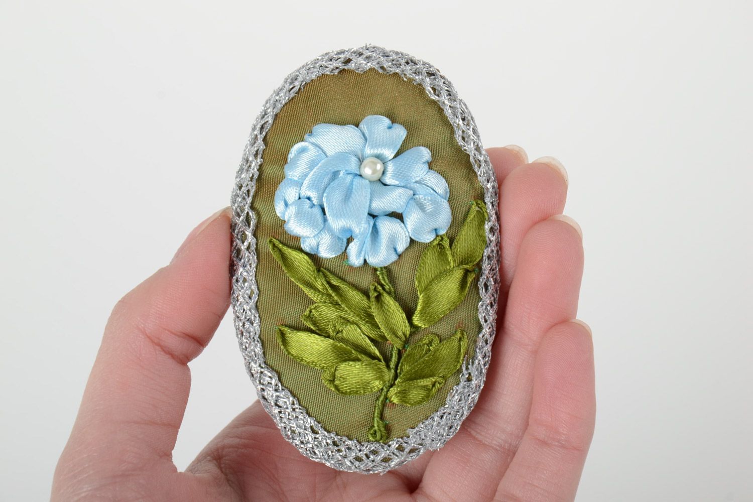 Handmade textile brooch with blue flowers embroidery using satin ribbons photo 5