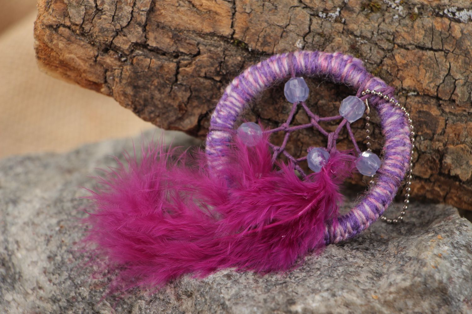Handmade dreamcatcher keychain of violet color with feathers handbag charm photo 1