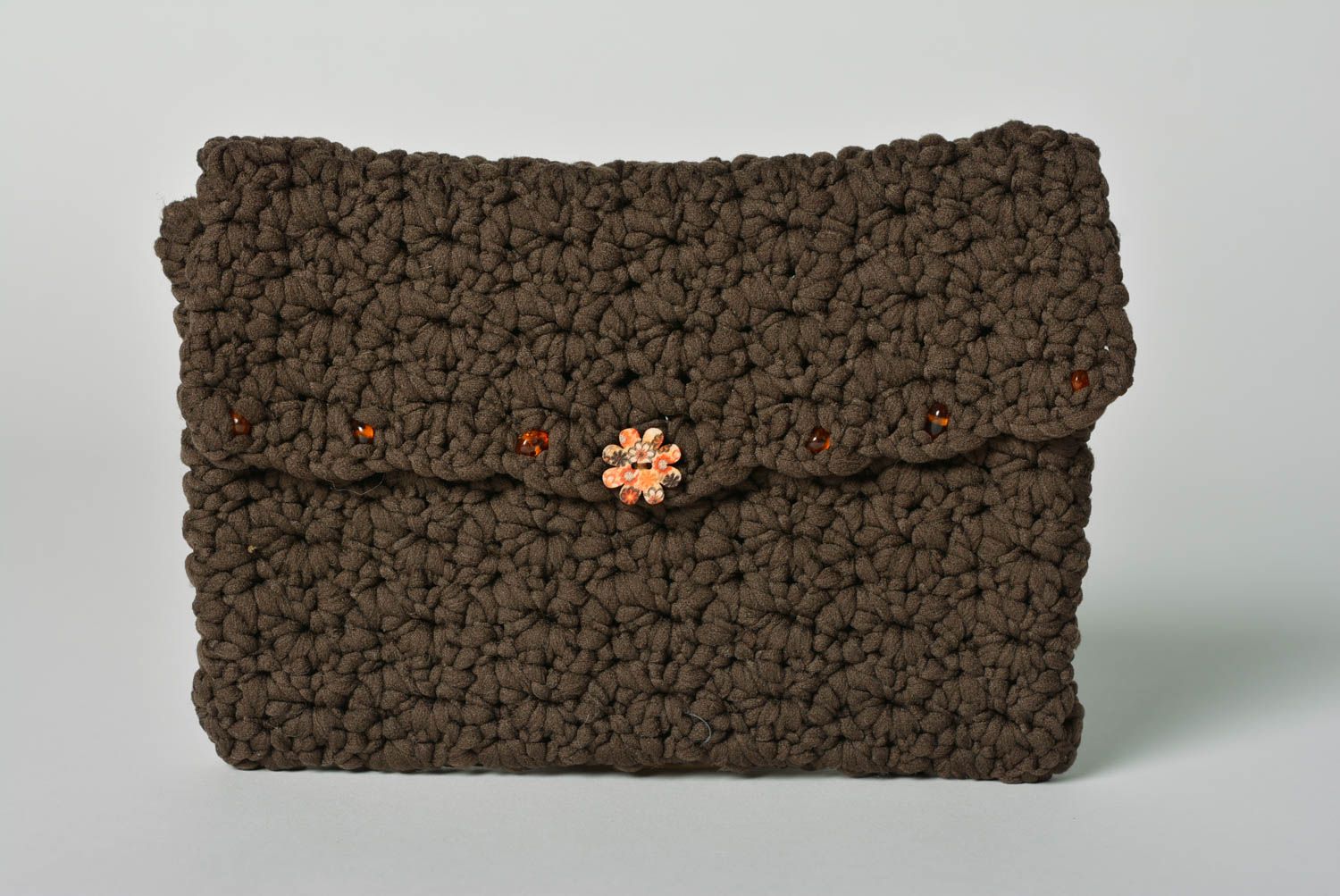 Handmade designer dark soft clutch bag crocheted of acrylic threads cute bag photo 1